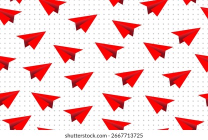 Seamless Red Paper Airplane Pattern on Dotted Background Travel Play and Creativity Concept