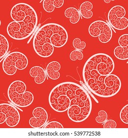 Seamless red pattern with butterflies. Vector illustration.