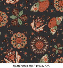 Seamless red pattern with butterfly and bugs on the dark grey background