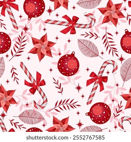 Seamless red pattern with christmas cane, balls, flowers, herbs on white background. Perfect for holiday invitations, winter greeting cards, wallpaper.