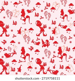 Padrão vermelho contínuo com figuras de Natal como elfos, presentes e árvores, ideal para papel de embrulho, têxteis ou fundos digitais de feriado.  
