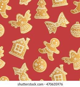 Seamless red pattern with Christmas gingerbread. Vector illustration