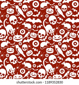 Seamless red pattern composed from white cartoon halloween symbols with  crows bats skulls laughing pumpkins faces cats rats eyeballs spiders flat vector illustration