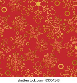 Seamless red pattern with golden snowflakes