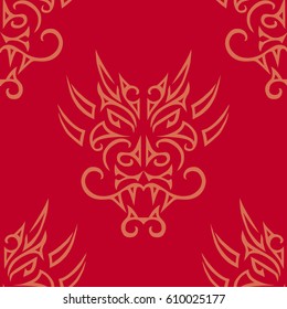 Seamless red pattern with hand drawn dragon head stylized Maori face tattoo. Vector