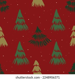 A seamless red pattern with hand-drawn green pine trees, a vivid Christmas tree background