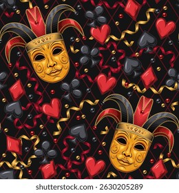 Seamless red pattern with Joker, venetian golden mask in jester hat. scattered card suits icons, streamer ribbon. Concept of luck, win jackpot. Gambling, casino theme.