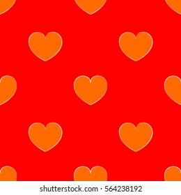 Seamless red pattern with orange hearts. Bright background for the Valentine's day. Cute wallpaper on the theme of love. Texture with a white outline.