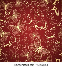 Seamless red pattern with stylized butterflies