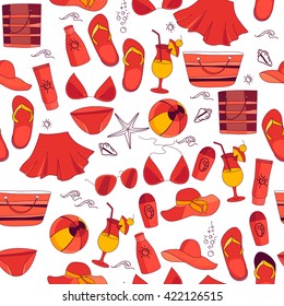  Seamless red pattern with summer symbols - clothes and things. Color white,  red,yellow. Endless texture with summer objects for your design