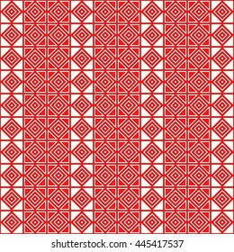 Seamless red pattern with symmetric geometric ornament. Abstract rhombuses and triangles background. Grid wallpaper. Vector illustration
