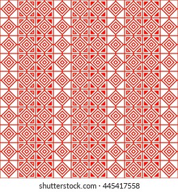 Seamless red pattern with symmetric geometric ornament. Abstract rhombuses and triangles background. Grid wallpaper. Vector illustration