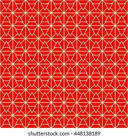 Seamless red pattern with symmetric geometric ornament. Abstract triangles and blocks background. Mosaic wallpaper. Vector illustration