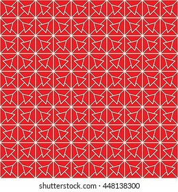 Seamless red pattern with symmetric geometric ornament. Abstract triangles and blocks background. Mosaic wallpaper. Vector illustration