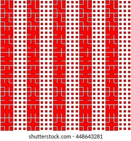 Seamless red pattern with symmetric geometric ornament. Abstract repeated blocks and figures background. Creative wallpaper. Vector illustration