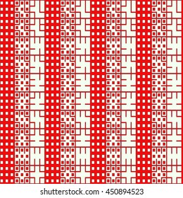 Seamless red pattern with symmetric geometric ornament. Abstract repeated figures background. Ethnic wallpaper. Vector illustration