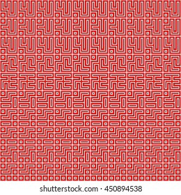 Seamless red pattern with symmetric geometric ornament. Abstract repeated figures background. Ethnic wallpaper. Vector illustration