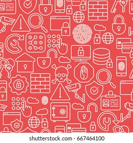 Seamless red pattern with thin line icons related to security and protection of information and data for banner, web page. Vector illustration.
