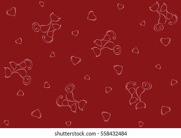 Seamless red pattern with two cats and hearts. Simple background for greeting cards for Valentine's day.
