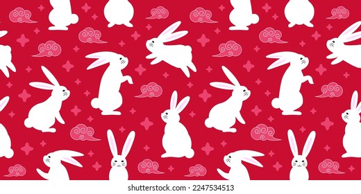 Patrón rojo sin inconfundible con conejos zodiacales en el cielo, patrón sin fisuras para el Año Nuevo Chino, 2023 Año del Conejo, patrón para cubiertas de regalos, antecedentes, invitaciones.