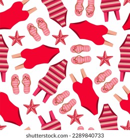 Seamless red and pink pattern. Swim suits, sea stars and flip floaps.