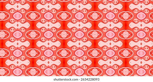 Seamless Red and Pink Tribal Pattern with Skulls and Abstract Elements