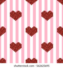 seamless red pixel heart glitter pattern on pink stripe background