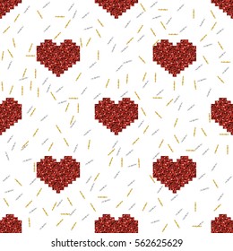 seamless red pixel heart with silver and gold glitter pattern background