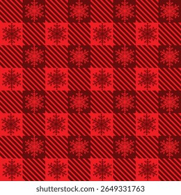 Seamless Red Plaid Pattern With Christmas Snowflakes Overlay. fabric pattern