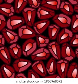 seamless red pomegranate seed pattern, juicy fruits, for menu decorations, color vector illustration with contour lines on black background in cartoon and hand drawn style