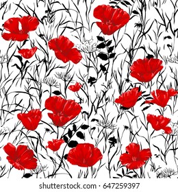 Seamless red poppies on black and white textured grassy pattern