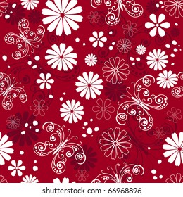 Seamless red, purple and white floral pattern (vector)