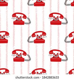 Seamless red retro telephone pattern. Vector vintage telephone illustration