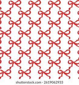 Seamless Red Ribbon Bow Pattern on White Background for Decoration.  Seamless red ribbon bows with flowing tails arranged on a crisp white backdrop, ideal for various decorative and festive designs 