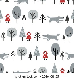 Seamless Red Riding Hood Fairy Tale Pattern. Little Girl And Wolf In The Woodland.