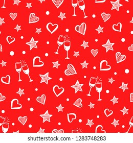 Seamless red romantic pattern. Vector illustration for Valentine's day. Hearts, glasses of wine, stars, cute pattern. Hand drawn backdrop.