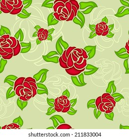 Seamless red rose buds and green leaves floral vector pattern.