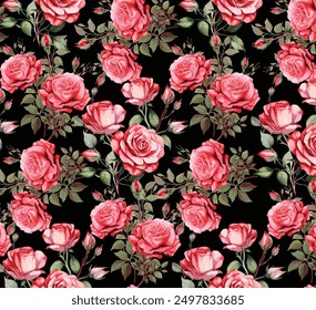 seamless red rose pattern on black background