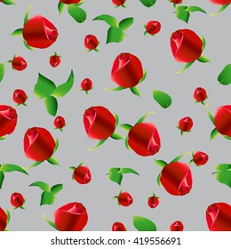 Seamless red rose pattern on gray background. Vector illustration.