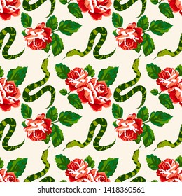 Seamless red roses and snake vector pattern design