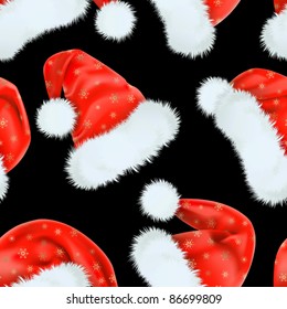 Seamless from red Santa Claus caps with the pattern of golden snowflakes. Mesh. Clipping Mask. (can be repeated and scaled in any size)