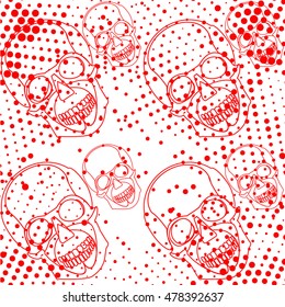 Seamless red skulls pattern with bloody halftones