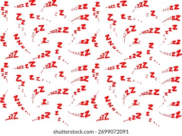 Padrão de sono "Zzz" vermelho contínuo em um fundo branco, simbolizando descanso e sonho. Perfeito para pijamas, roupas de cama, decoração de berçário e projetos relaxantes fofos.

