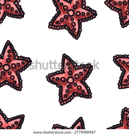 Seamless red starfish pattern with playful scribble coloring on white background. Fun beach repeat design perfect for fabric prints and summer packaging.