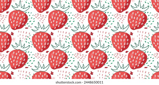 Seamless Red Strawberry pattern. Doodle Vector red sweet juicy berries organic food. Scribble style with fresh fruit for healthy diet. Summer tropical prints for textile, wallpaper, packing, wrapping