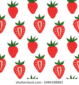 Seamless red strawberry pattern. Summer sweet berry background. Transparent background