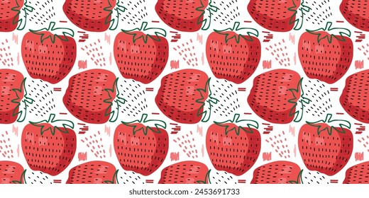 Patrón de fresa roja sin costuras. Frutos con textura. Vector rojo dulce jugosas bayas. Estilo garabato con fruta fresca para una dieta saludable. Estampados tropicales de verano para textil, Fondo de pantalla, embalaje, envoltura