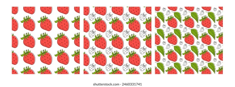 Seamless Red Strawberry patterns. Set of three patterns. Simple minimal style. Vector red sweet juicy berries. Summer tropical prints for textile, wallpaper, packing, wrapping, cover design