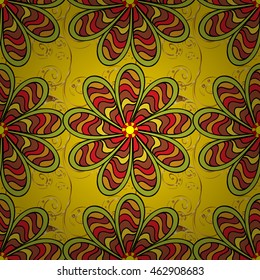 Seamless red stripes doodles flower on yellow background with golden elements. Vector illustration.