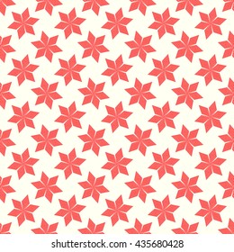 Seamless red stylized stars background. Floral abstract wallpaper. Symmetric geometric snowflakes ornament. Vector illustration